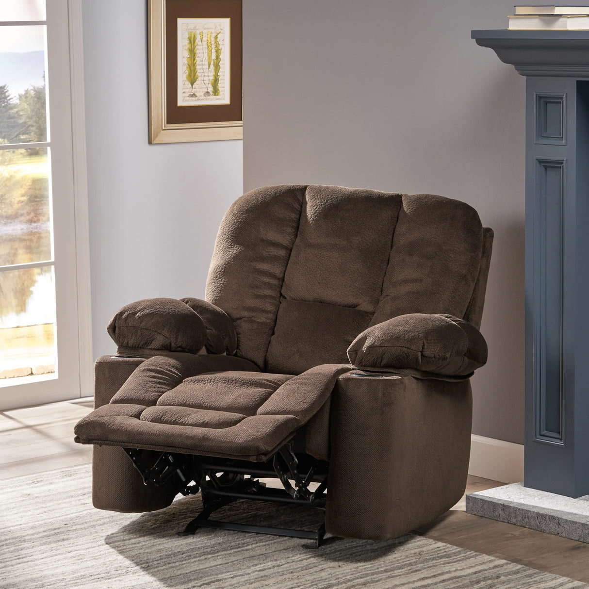 Manual Recliner Chair With Plush Fabric And Cup Holders - Omega Lifestyles