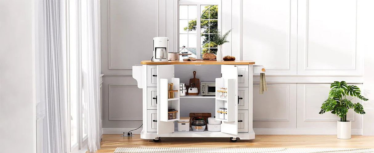 Rustic White Rubber Wood Rolling Kitchen Island Cart - Omega Lifestyles