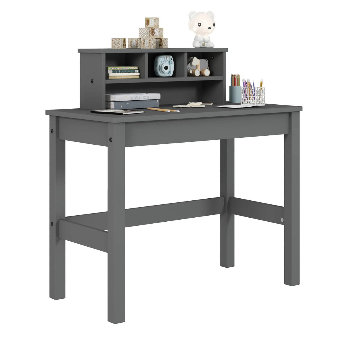 Gray Wood Rectangular Writing Desk With Hutch Storage - Omega Lifestyles