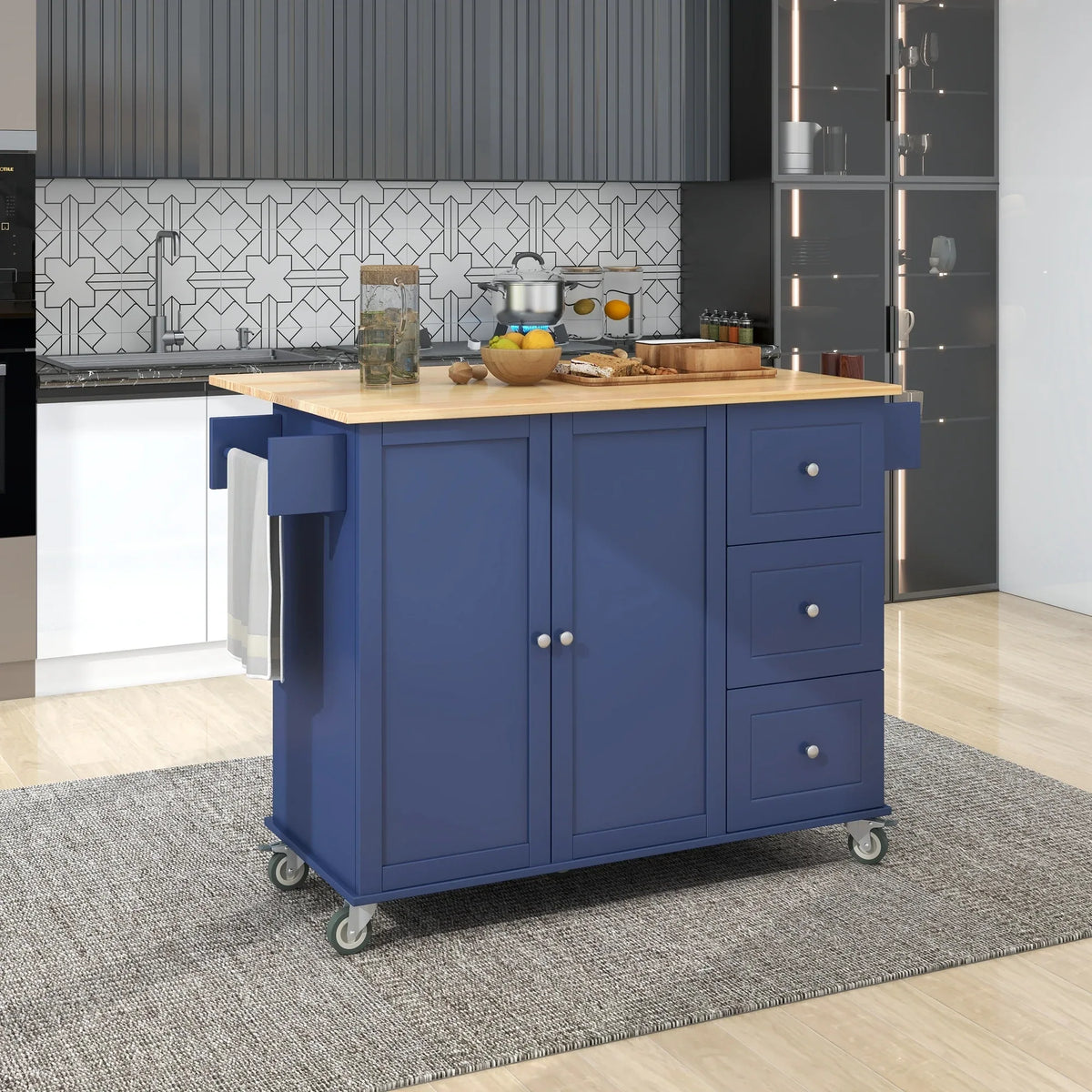 Rolling Mobile Kitchen Island With Solid Wood Top And Storage - Omega Lifestyles