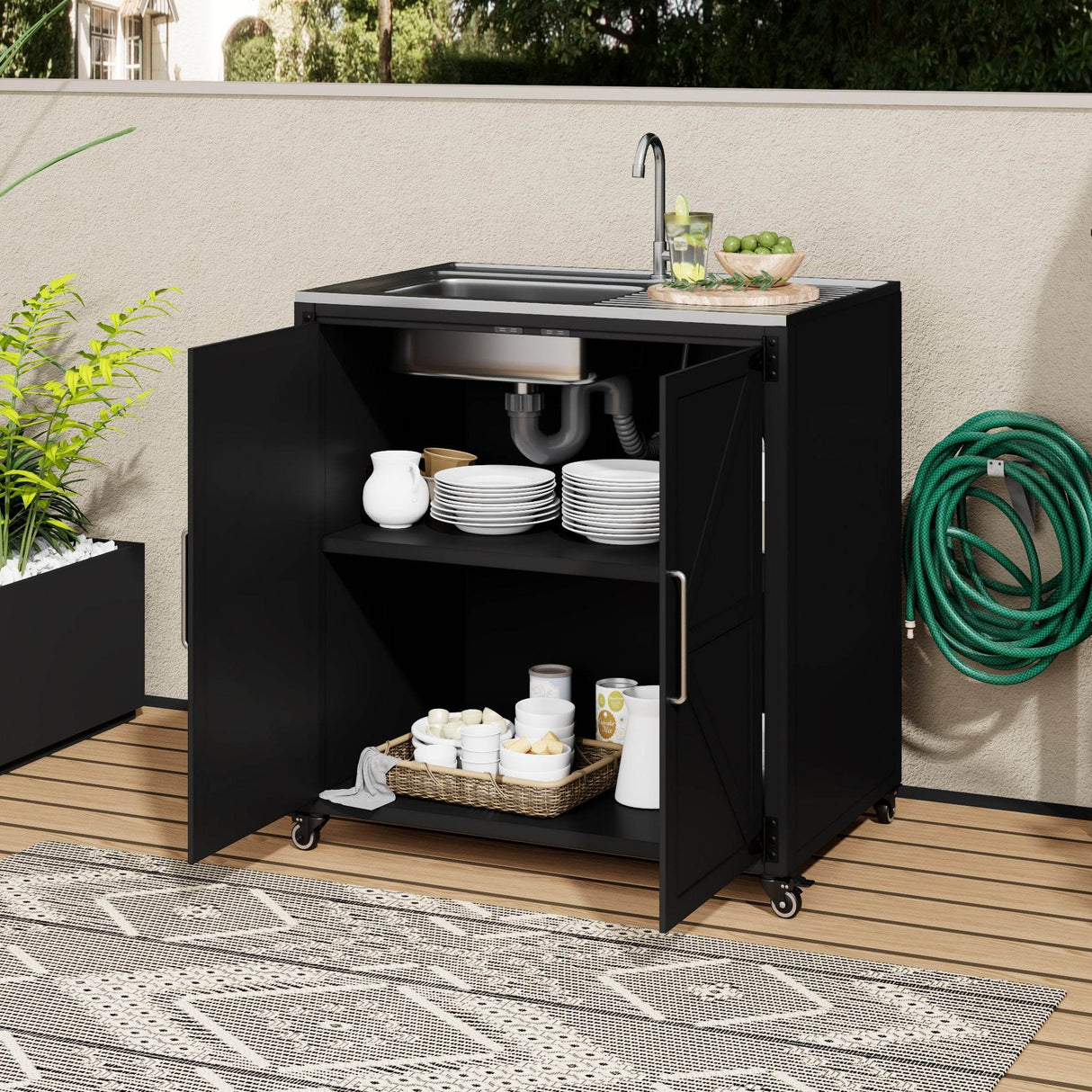 Outdoor Stainless Steel Sink Cart With Storage Cabinet