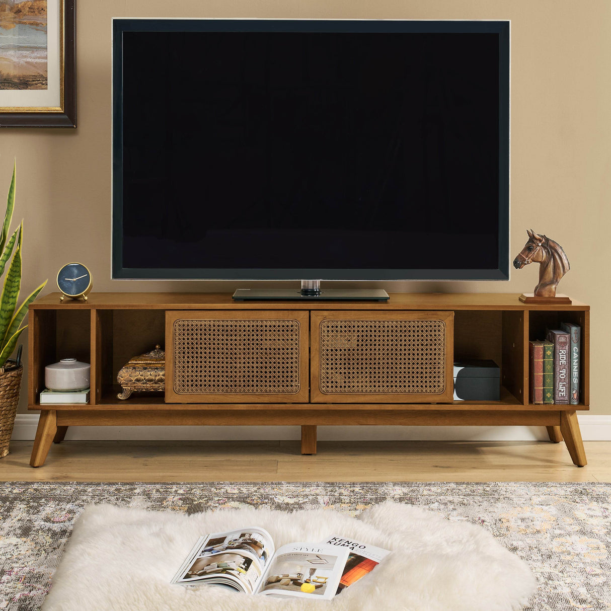 Mid Century Modern Solid Wood Rattan TV Stand - Omega Lifestyles