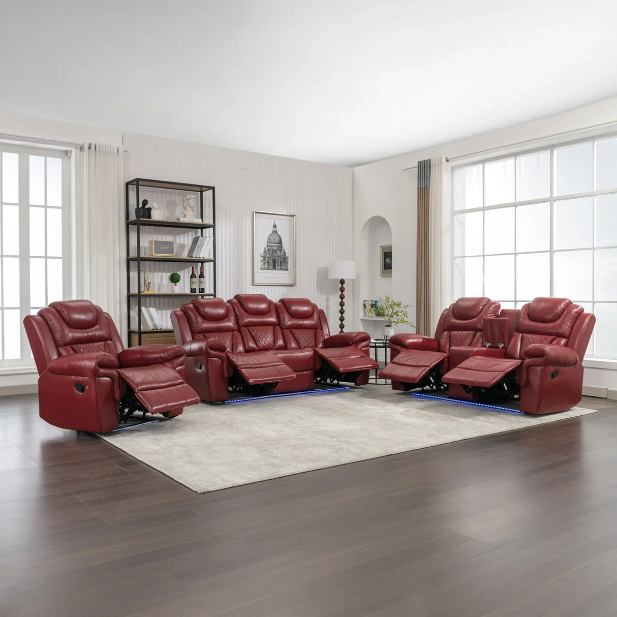 Wine Red Faux Leather Manual Recliner Sofa Set With LED Strip - Omega Lifestyles