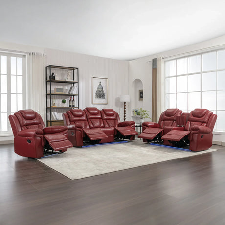 Wine Red Faux Leather Manual Recliner Sofa Set With LED Strip - Omega Lifestyles