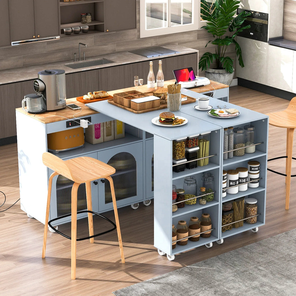 Rolling Kitchen Island With Extended Table Power Outlets LED Lights - Omega Lifestyles