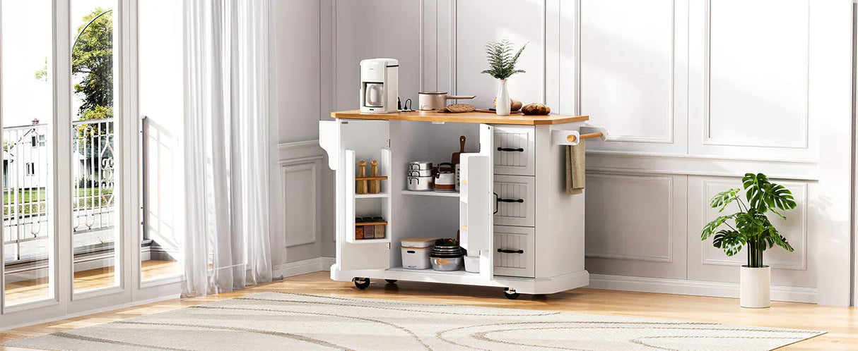 Rustic White Rubber Wood Rolling Kitchen Island Cart - Omega Lifestyles