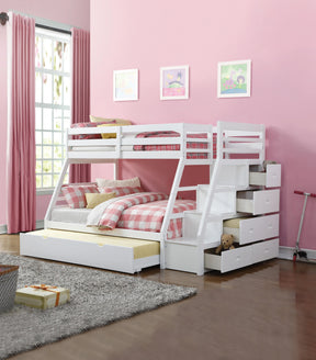 Twin Full White Synthetic Wood Bunk Bed With Trundle Storage - Omega Lifestyles