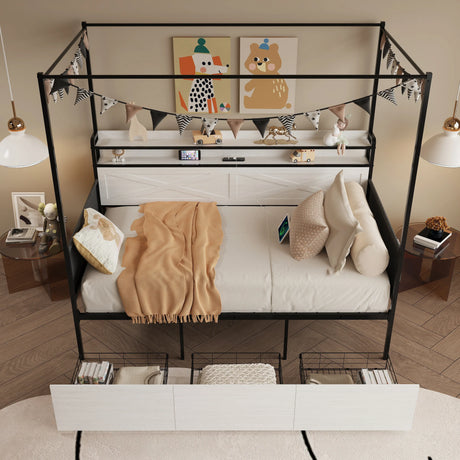 Twin Daybed Frame With 3 Storage Drawers LED Charging Station - Omega Lifestyles