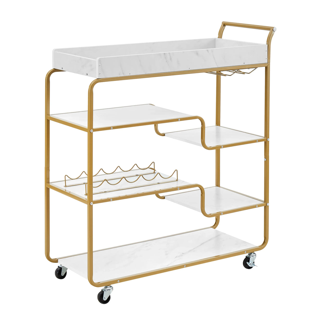 Gold Two-Tier Metal Bar Cart With Wine Rack and Wheels - Omega Lifestyles