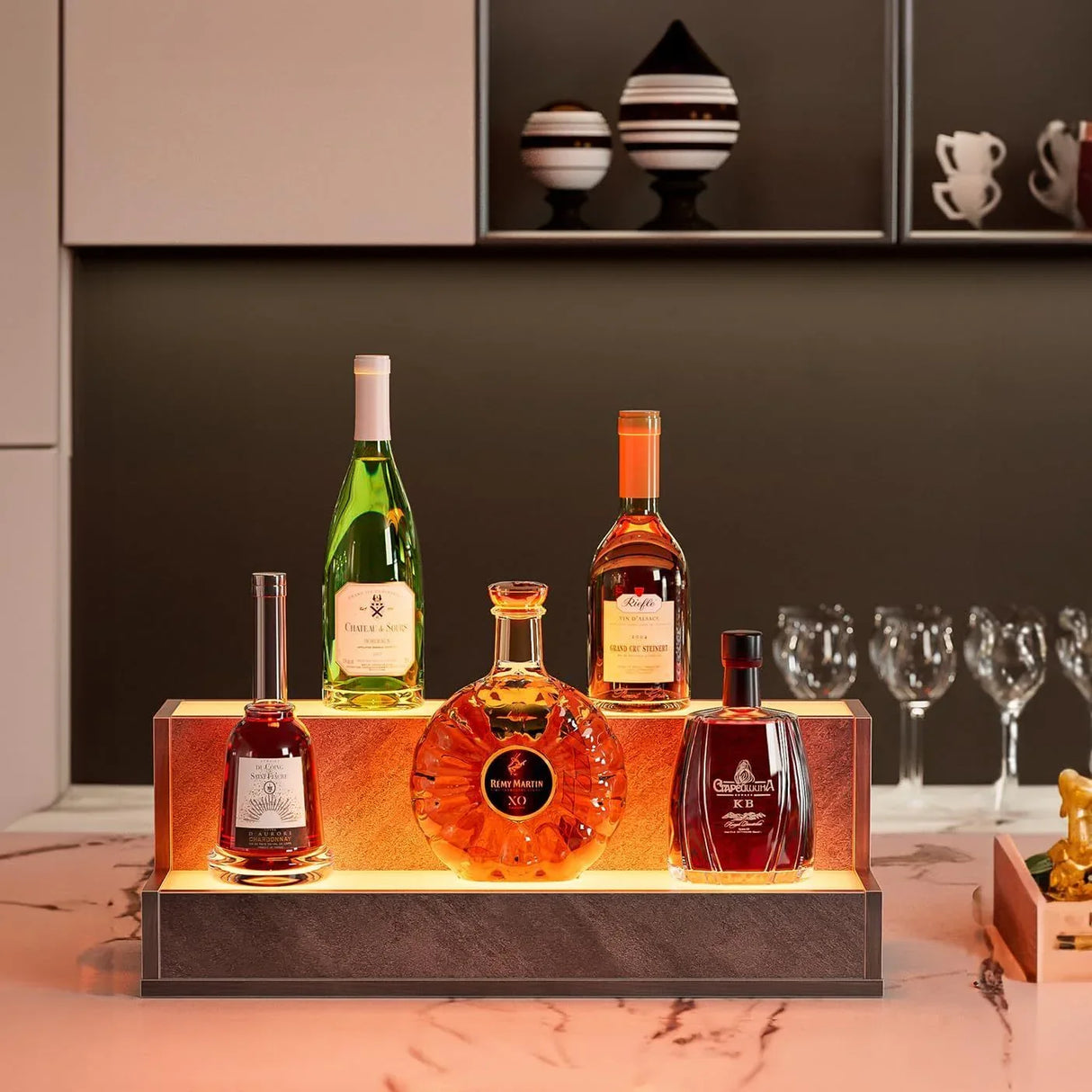 LED Lighted Modern Engineered Wood Bottle Display Shelf - Omega Lifestyles