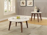 White Marble Top Walnut Finish Round Coffee Table - Omega Lifestyles