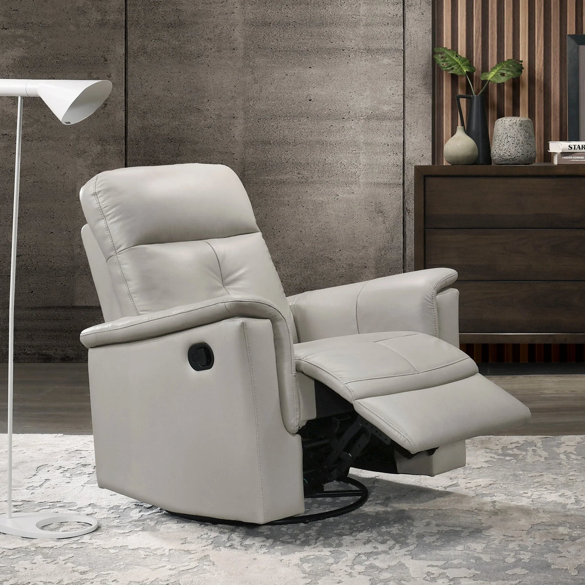 Silver Genuine Leather Reclining Swivel Glider Chair - Omega Lifestyles