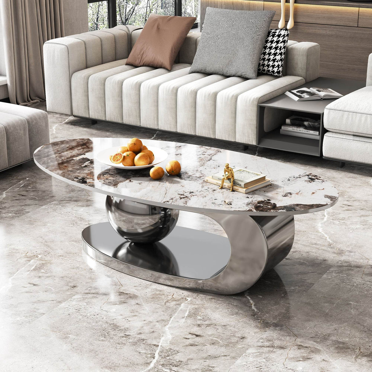 Oval 49-Inch Faux Marble Coffee Table With Stainless Steel Base