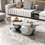 Oval 49-Inch Faux Marble Coffee Table With Stainless Steel Base