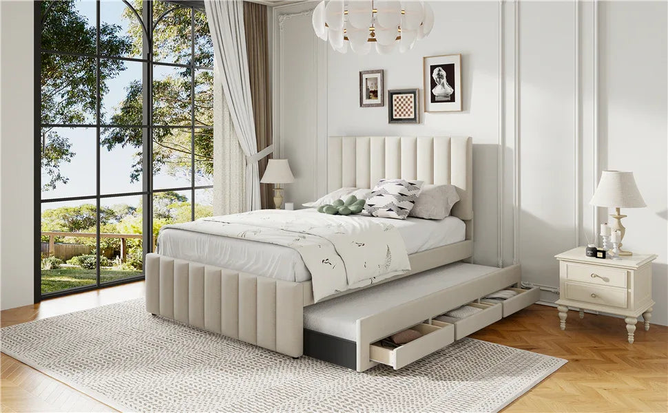 Full Full Size Upholstered Linen Platform Bed With Trundle - Omega Lifestyles