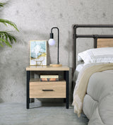 Oak Finish Metal Leg Accent Table With Storage Drawer - Omega Lifestyles