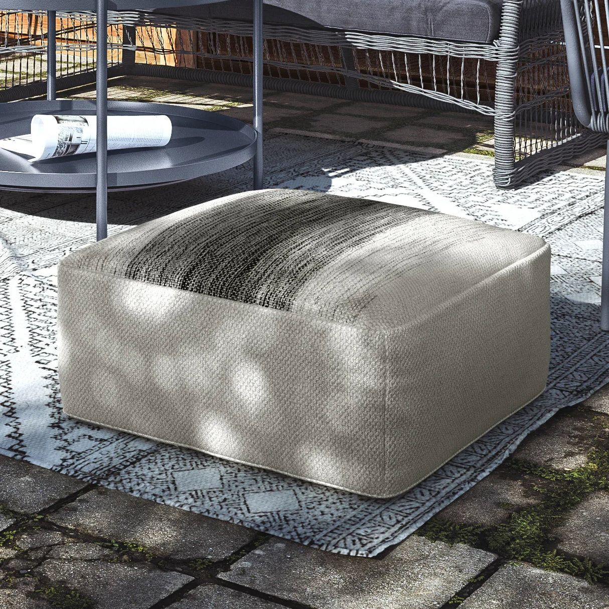Square Woven Indoor Outdoor Silver Fabric Pouf Stool - Omega Lifestyles