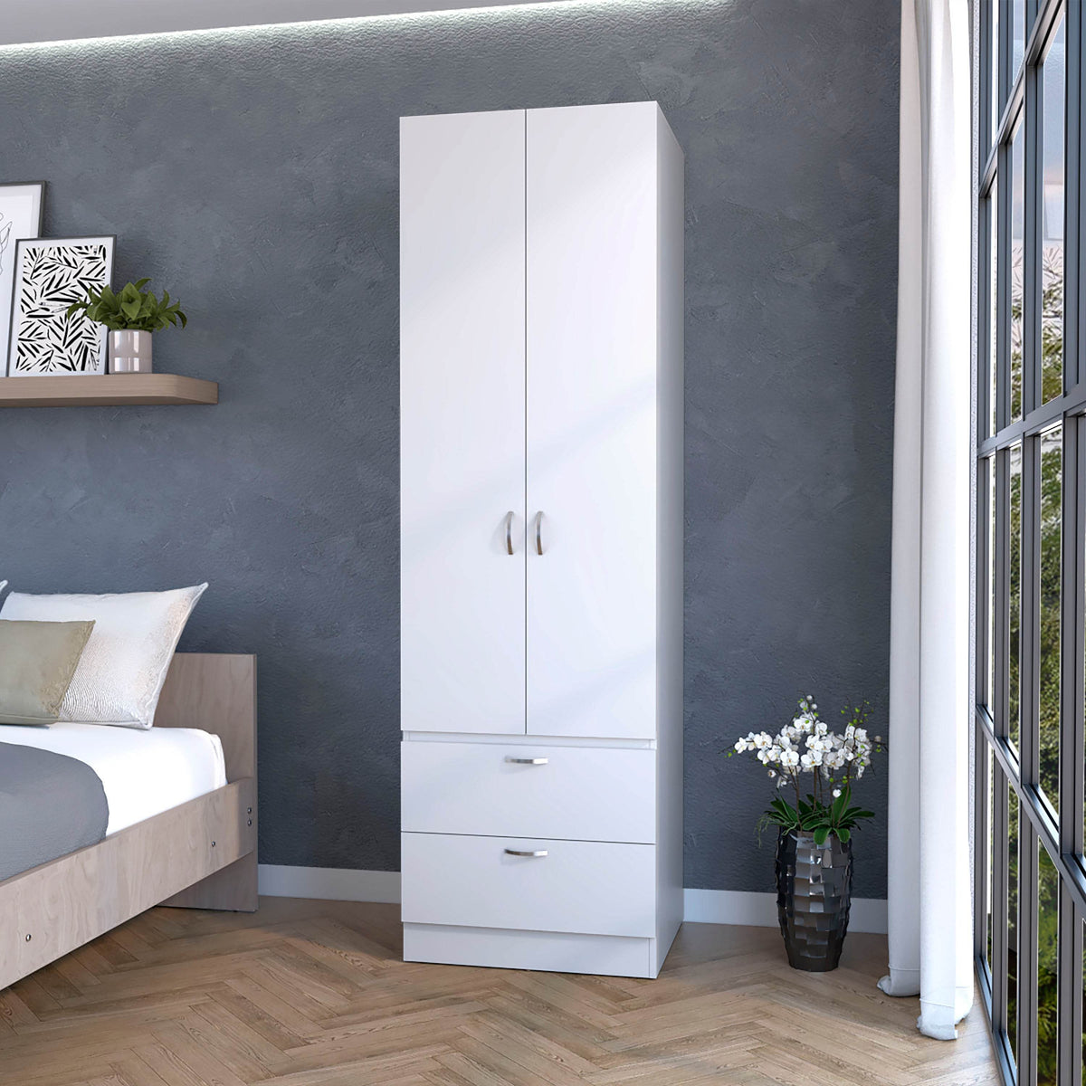 Tall Melamine Wardrobe With Two Doors And Drawers
