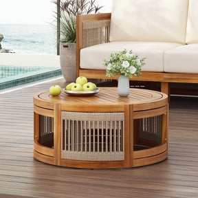 Acacia Wood Outdoor Coffee Table With Woven Rope Accents - Omega Lifestyles