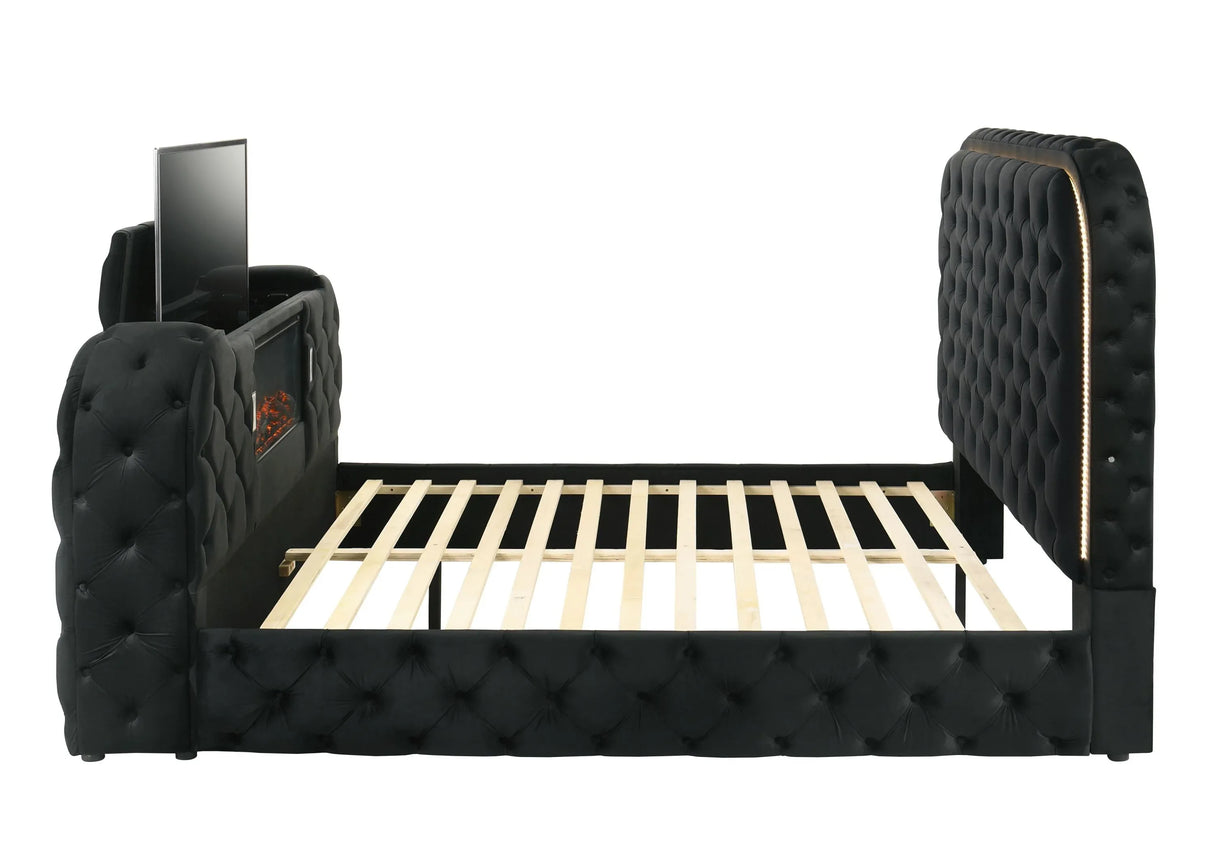 Black Upholstered Eastern King Bed With LED Fireplace Stand - Omega Lifestyles