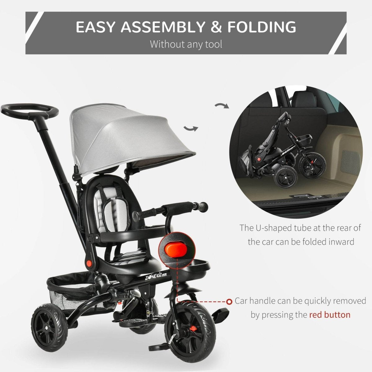 4 - In - 1 Adjustable Grey Baby Tricycle With Safety Features - Dreamtide - Omega Lifestyles