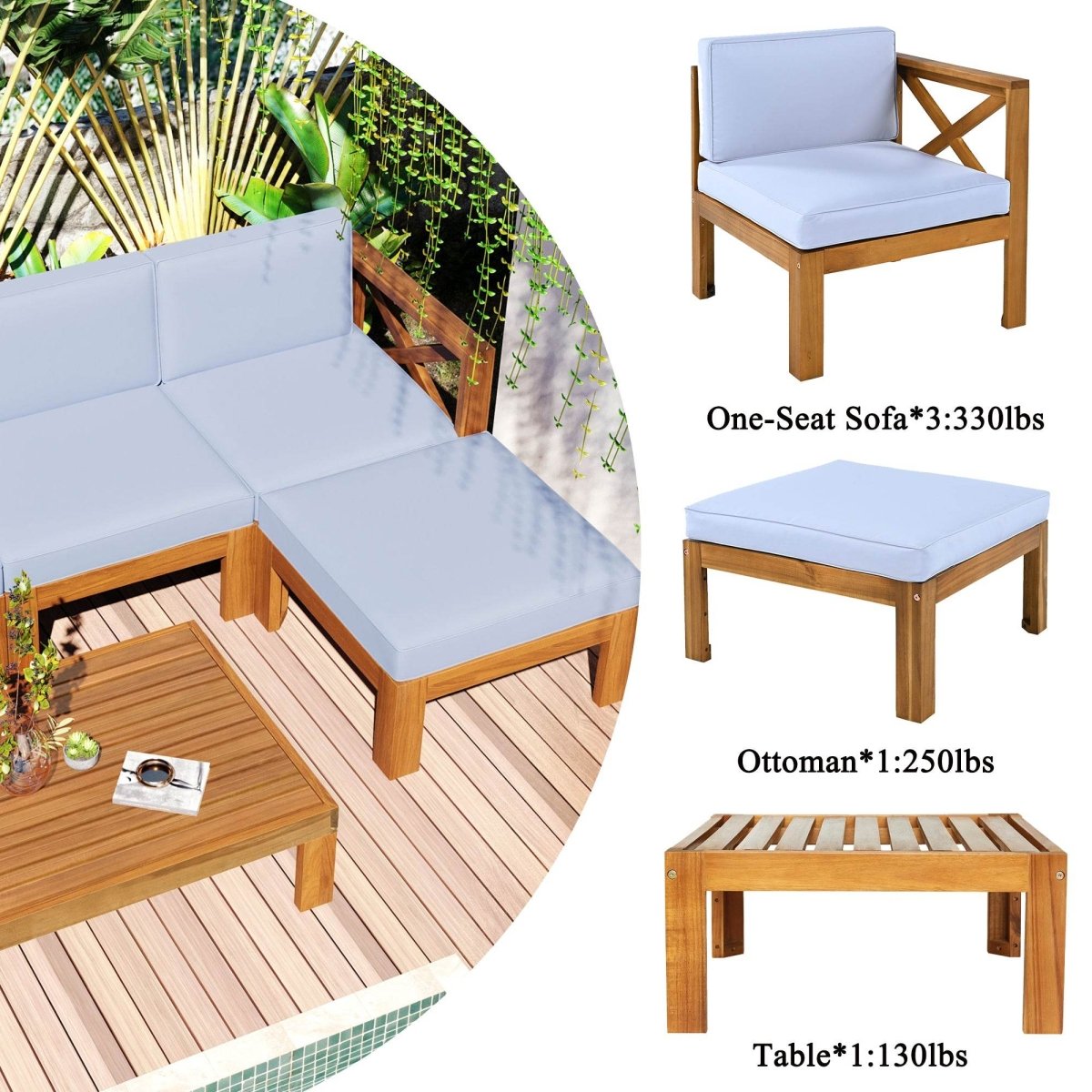 5-Piece Outdoor Acacia Wood Sectional Patio Sofa Set - Sleep Galleria