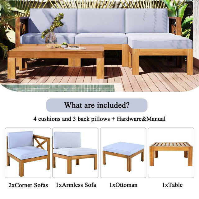 5-Piece Outdoor Acacia Wood Sectional Patio Sofa Set - Omega Lifestyles