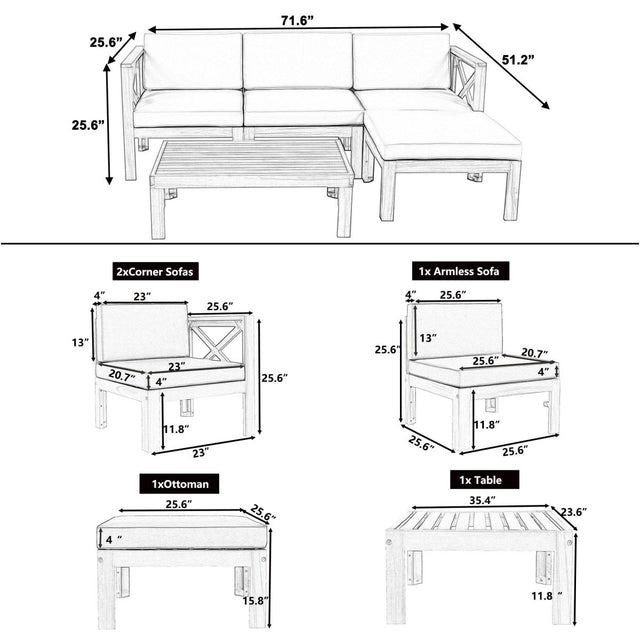 5-Piece Outdoor Acacia Wood Sectional Patio Sofa Set - Omega Lifestyles