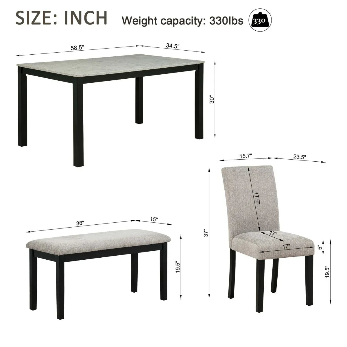 6-Piece Rubberwood Dining Table Set with Bench and Chairs - Omega Lifestyles