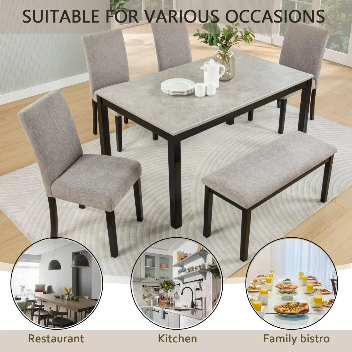 6-Piece Rubberwood Dining Table Set with Bench and Chairs - Omega Lifestyles