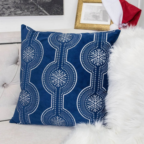 Blue Velvet Holiday Embroidered Snowflake Throw Pillow 20x20 - Dreamtide - Omega Lifestyles