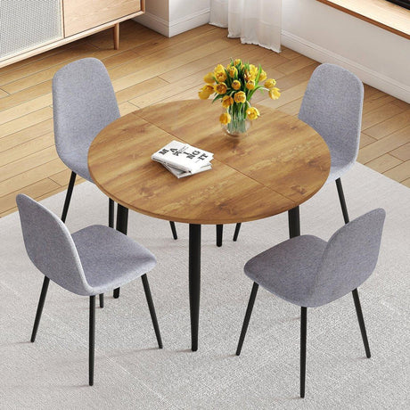 Extendable Round MDF Dining Table With Linen Cotton Chairs Set - Omega Lifestyles