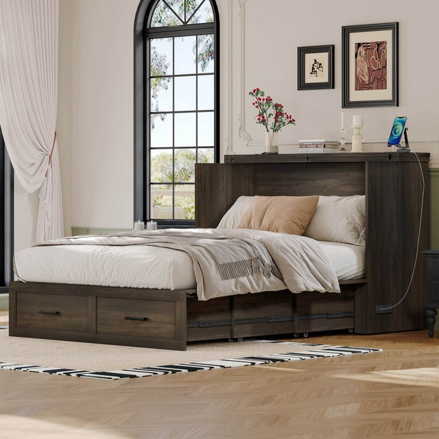Full Full-Size Farmhouse Murphy Cabinet Bed With Charging Station - Omega Lifestyles