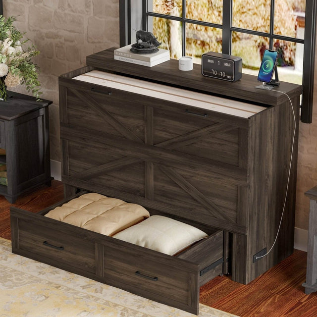 Full Full-Size Farmhouse Murphy Cabinet Bed With Charging Station - Omega Lifestyles