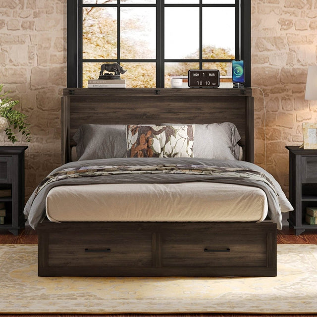 Full Full-Size Farmhouse Murphy Cabinet Bed With Charging Station - Omega Lifestyles