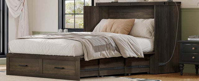 Full Full-Size Farmhouse Murphy Cabinet Bed With Charging Station - Omega Lifestyles