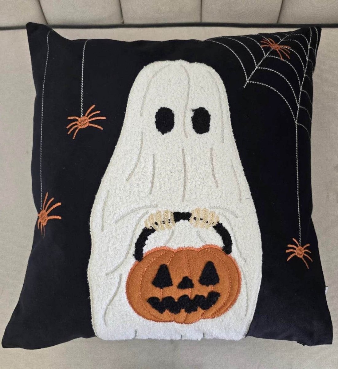 Halloween Embroidered Ghost Pumpkin Bucket Throw Pillow - Dreamtide - Omega Lifestyles