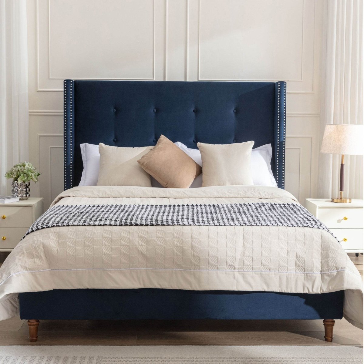 King Classic Velvet Upholstered Bed Frame With Wingback Headboard - Dreamtide - Omega Lifestyles
