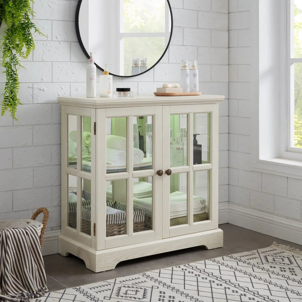 LED Antique White Glass Display Cabinet With LED Lighting - Omega Lifestyles