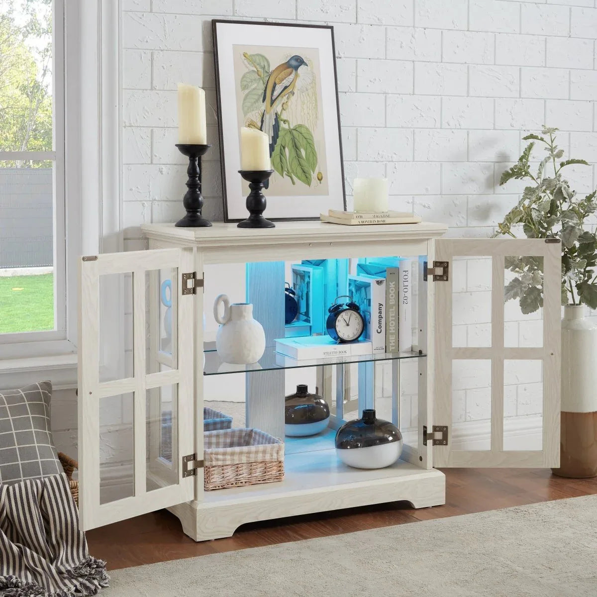 LED Antique White Glass Display Cabinet With LED Lighting - Omega Lifestyles