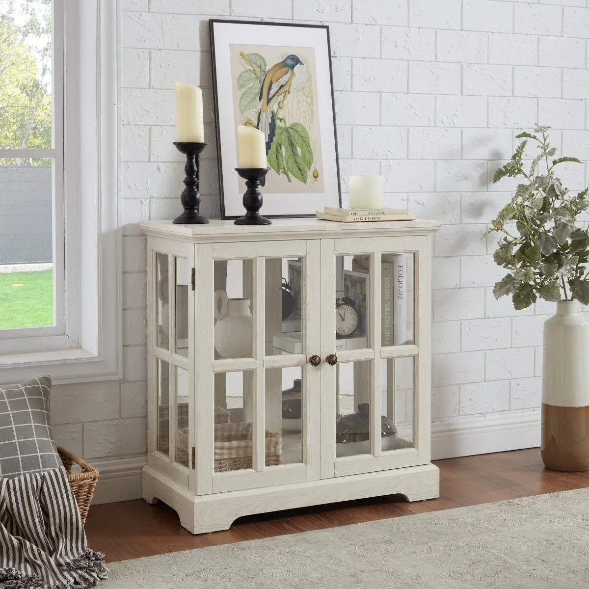 LED Antique White Glass Display Cabinet With LED Lighting - Omega Lifestyles