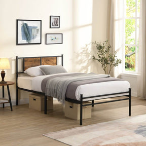 Metal Twin Size Bed Frame With Wood Panel Headboard - Omega Lifestyles