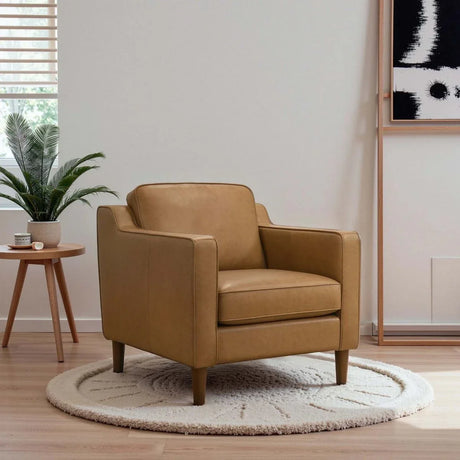 Mid-Century Modern Tan Genuine Leather Lounge Chair - Omega Lifestyles