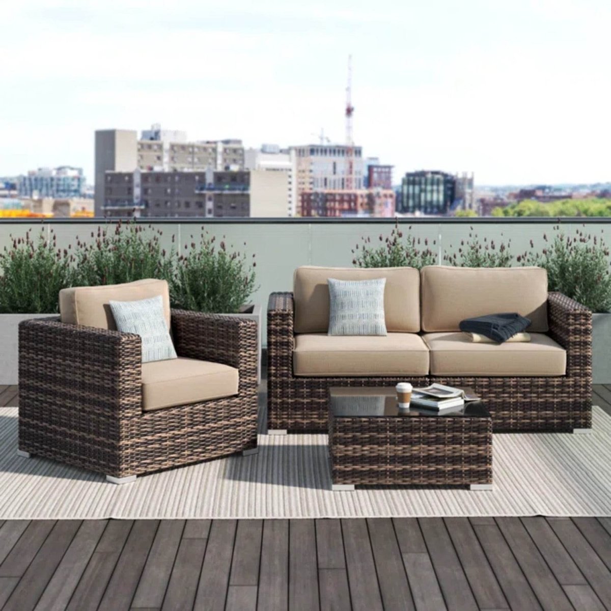 Modern Brown HDPE Wicker Outdoor Seating Group With Cushions - Dreamtide - Omega Lifestyles