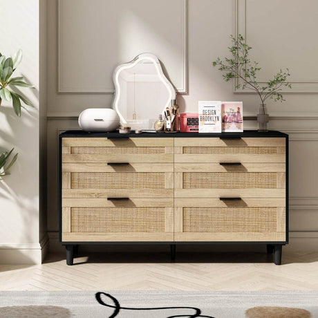 Modern Natural Rattan 6-Drawer MDF Dresser - Sleep Galleria