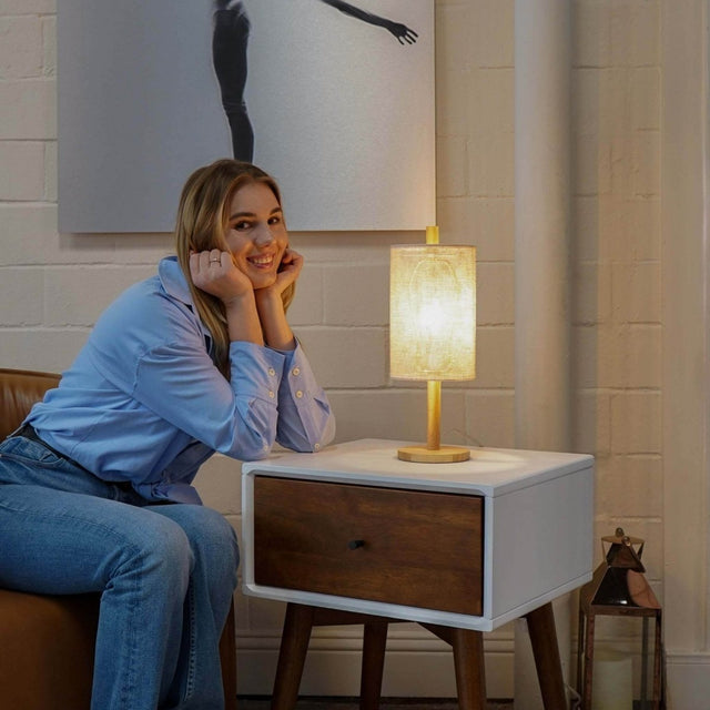 Modern Oak Wood Table Lamp With Paper Rattan Shade - Omega Lifestyles