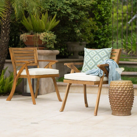 Pair Of Acacia Wood Outdoor Dining Armchairs With Cushions - Dreamtide - Omega Lifestyles