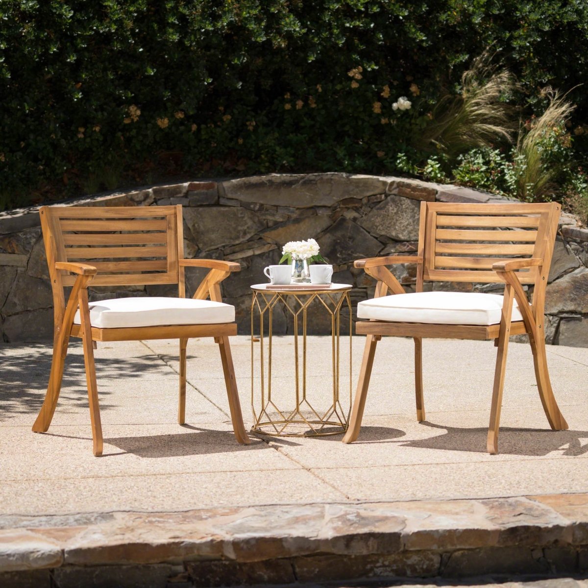Pair Of Acacia Wood Outdoor Dining Armchairs With Cushions - Dreamtide - Omega Lifestyles