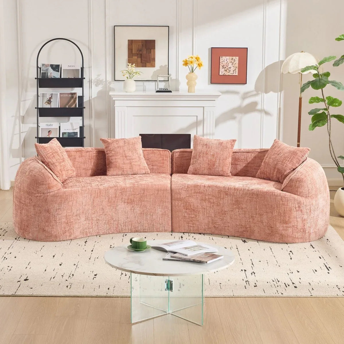 Pink Curved Medium-Soft Chenille 4-Seat Sofa - Omega Lifestyles