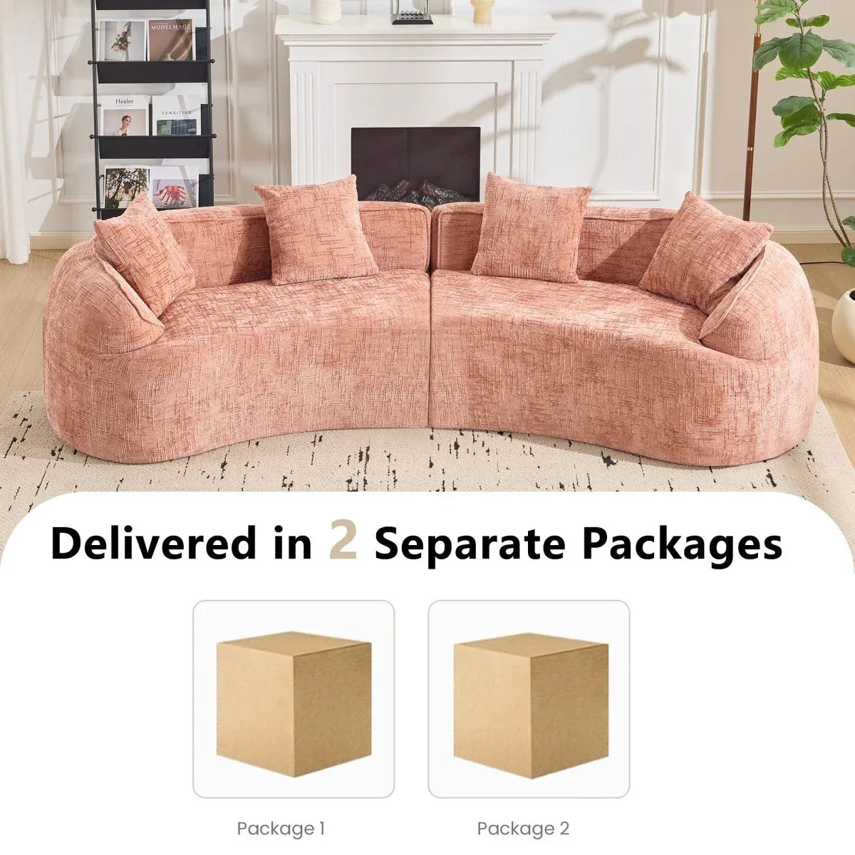 Pink Curved Medium-Soft Chenille 4-Seat Sofa - Omega Lifestyles